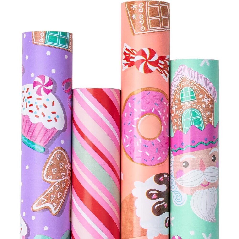 Pink Christmas Wrapping Paper Set for Kids Girls, Jumbo Roll, Cute Santa, Ginger